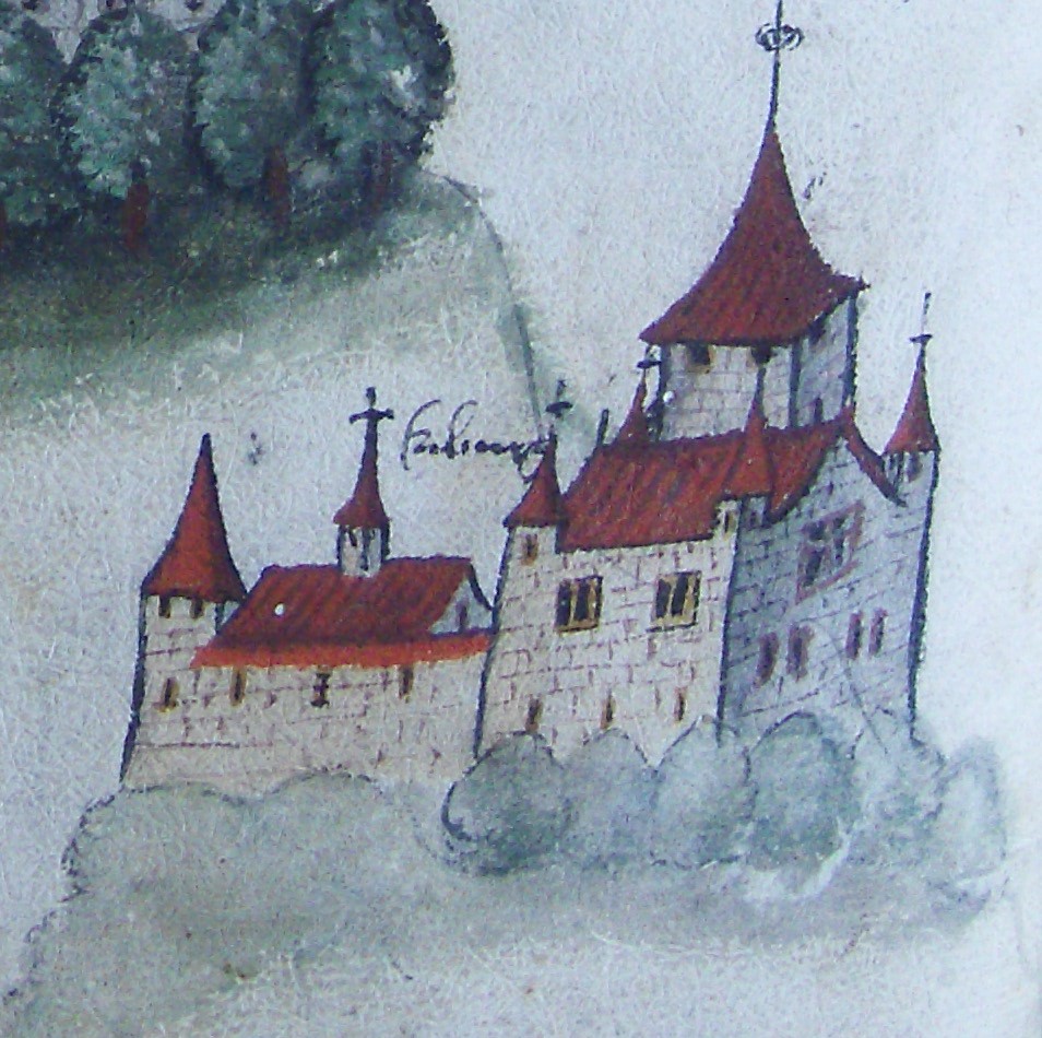 Kyburg. Zeichnung im Wappenbuch des Gerold Edlibach, vor 1500 (Staatsarchiv des Kantons Zürich)
